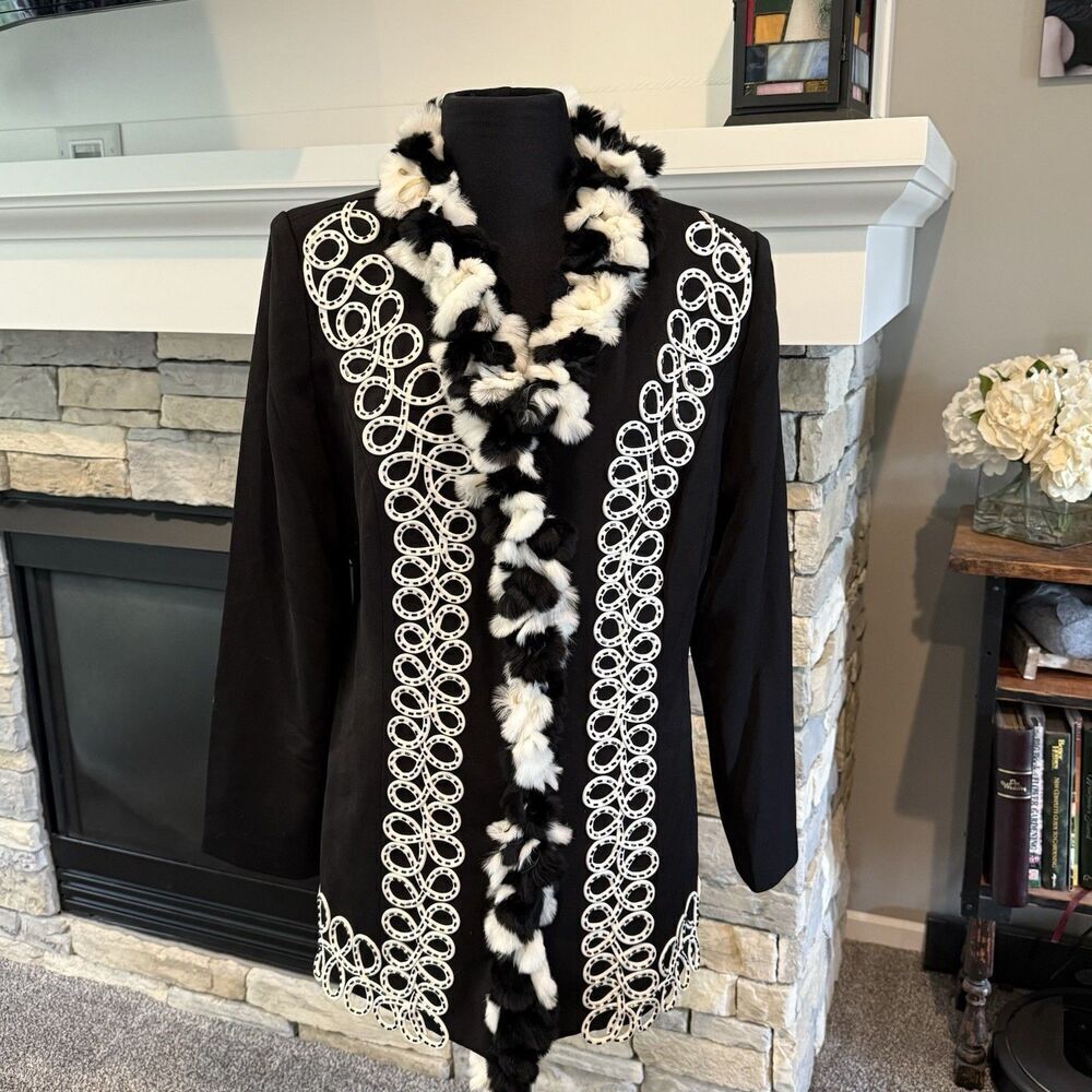Donna Vinci Couture Women's Blazer Jacket Black Sz 12 Vintage Removable Fur Trim